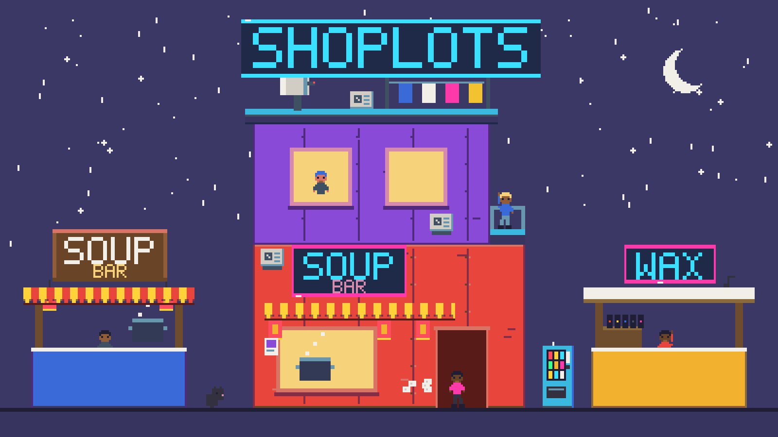 Animated night street: the SOUP BAR with glowing windows and rain, a soup kiosk and a WAX record stall on either side