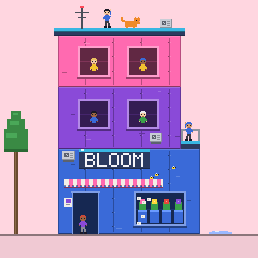 Flower shop tower at level 4, BLOOM sign